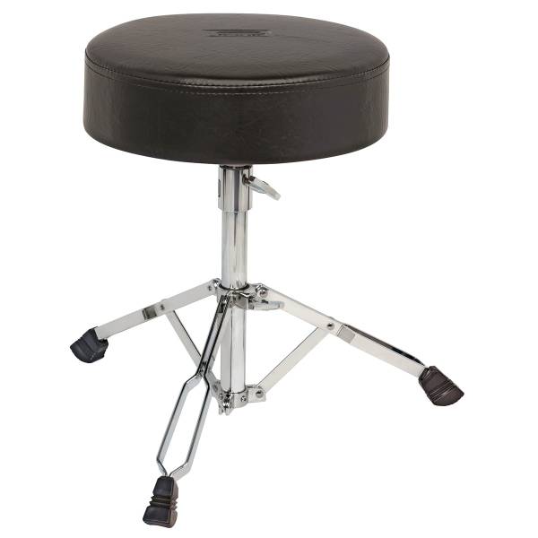 A drum stool with a thick, round black padded seat supported by a silver chrome tripod base with wide-angle double-braced legs and large, flat black rubber feet.