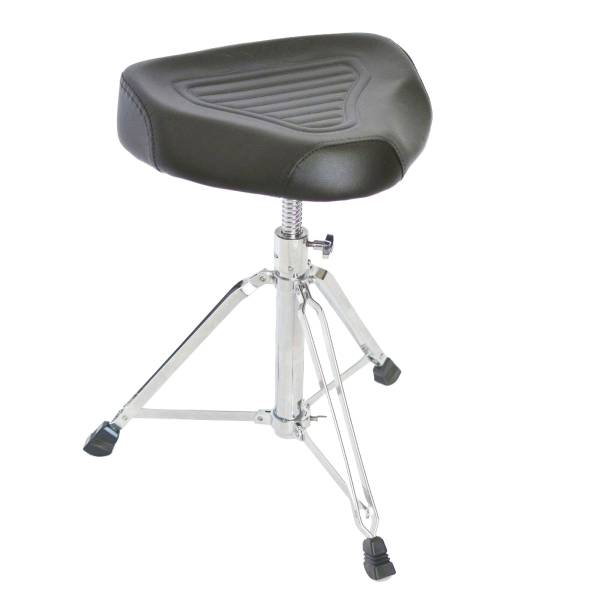 Drum throne featuring a black, textured, saddle-style padded seat mounted on a threaded silver metal spindle connected to a double-braced tripod base with black rubber feet.