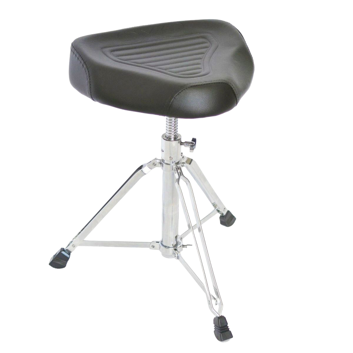 Drum throne featuring a black, textured, saddle-style padded seat mounted on a threaded silver metal spindle connected to a double-braced tripod base with black rubber feet.