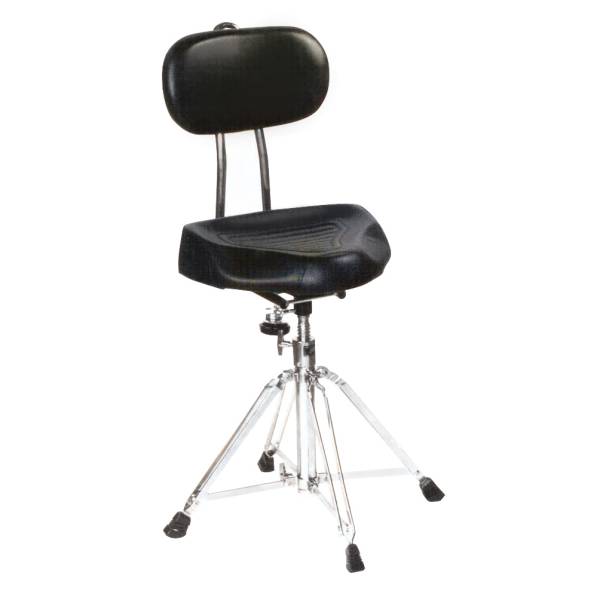 Drum throne featuring a black, textured, saddle-style padded seat and an attached oval-shaped padded backrest on metal supports, mounted on a threaded silver metal spindle connected to a double-braced tripod base with black rubber feet.