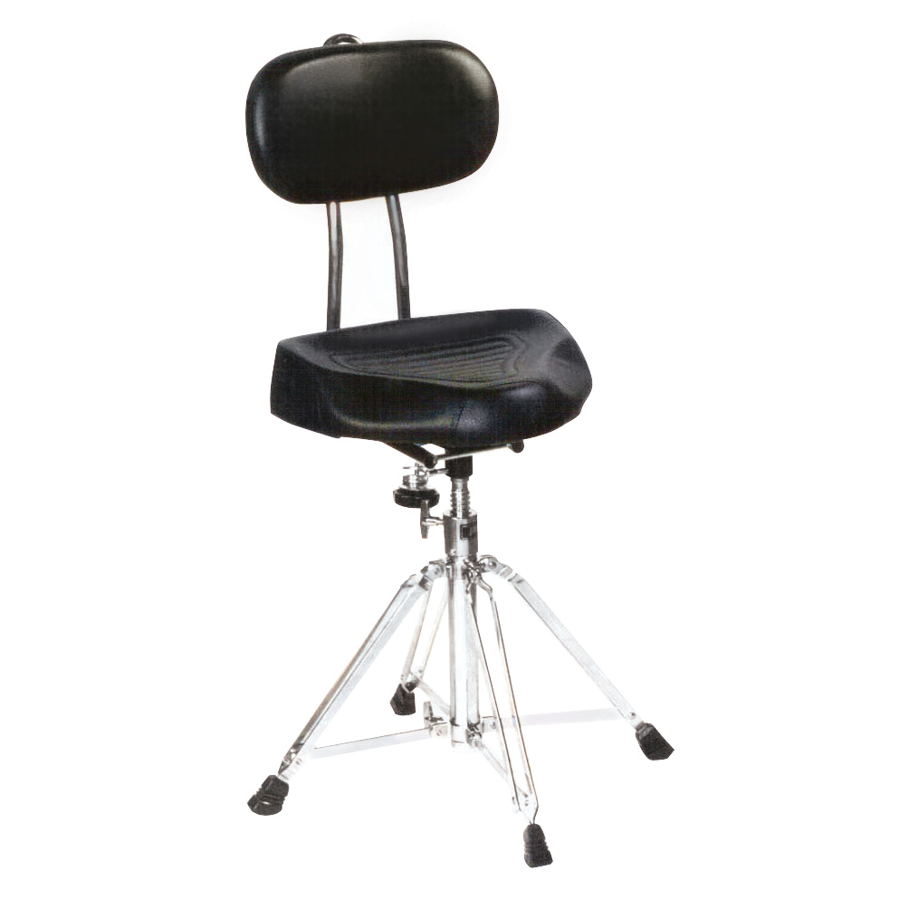 Drum throne featuring a black, textured, saddle-style padded seat and an attached oval-shaped padded backrest on metal supports, mounted on a threaded silver metal spindle connected to a double-braced tripod base with black rubber feet.