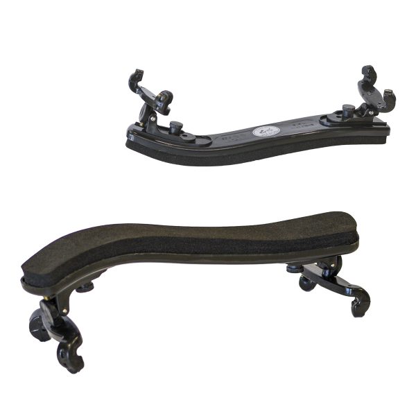 Two black Becker violin shoulder rests shown from different angles, highlighting the curved body, thick foam padding, and adjustable mounting feet.