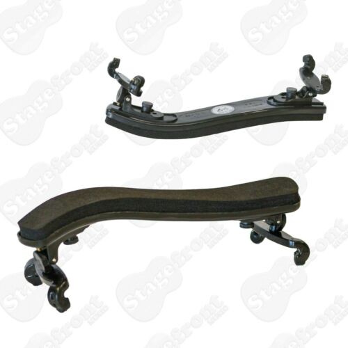Two black Becker violin shoulder rests shown from different angles, highlighting the curved body, thick foam padding, and adjustable mounting feet.