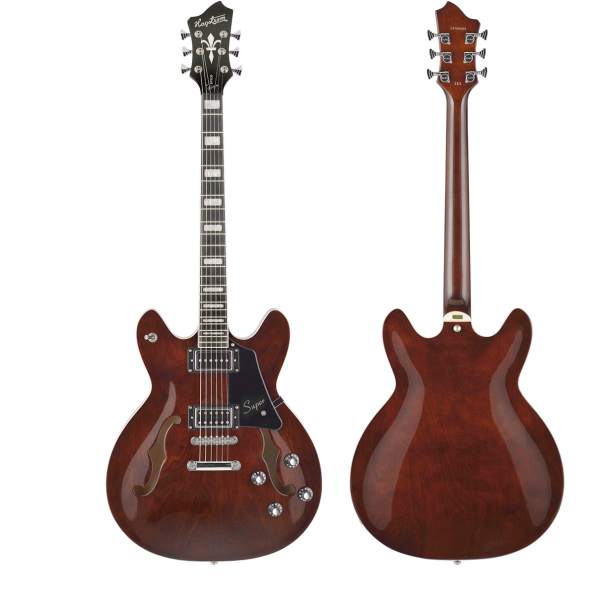 Composite image displaying both the front and back sides of a Hagstrom Justin York Signature Super Viking semi-hollow electric guitar featuring a transparent brown finish, dual humbuckers, and silver hardware.