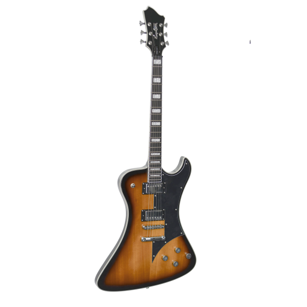 An asymmetrical solid body electric guitar with a tobacco sunburst finish, black pickguard, silver hardware, dual humbucking pickups, and block fretboard inlays, angled slightly .