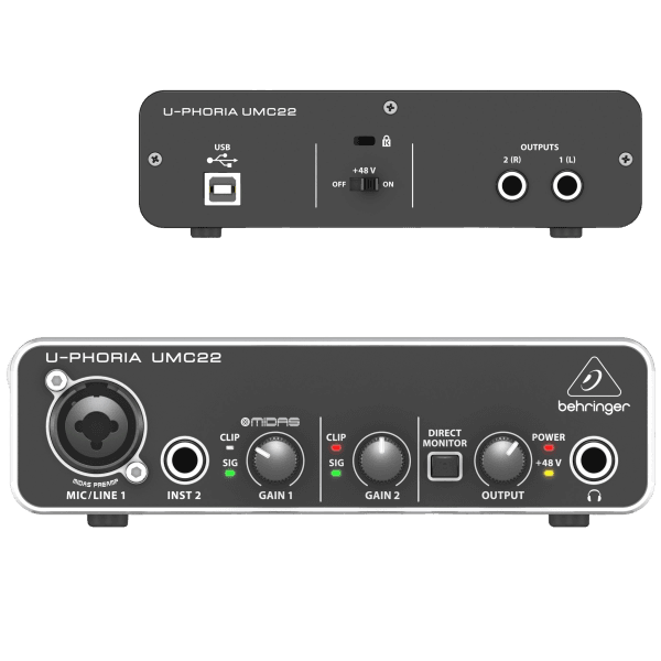 A black Behringer U-Phoria UMC22 USB audio interface showing one XLR/TRS combo input and one quarter-inch instrument input on the front panel.
