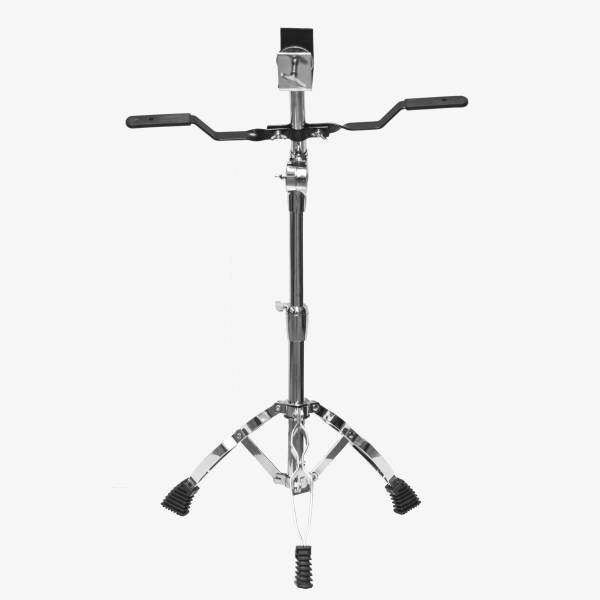 Chrome heavy-duty short bongo stand DS368 with a double-braced tripod base, black support arms, and rubber feet isolated on a white background.