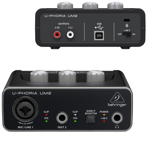 Front and rear views of a black Behringer U-Phoria UM2 USB audio interface on a black background, with a secondary shot highlighting the rear RCA outputs and USB port.