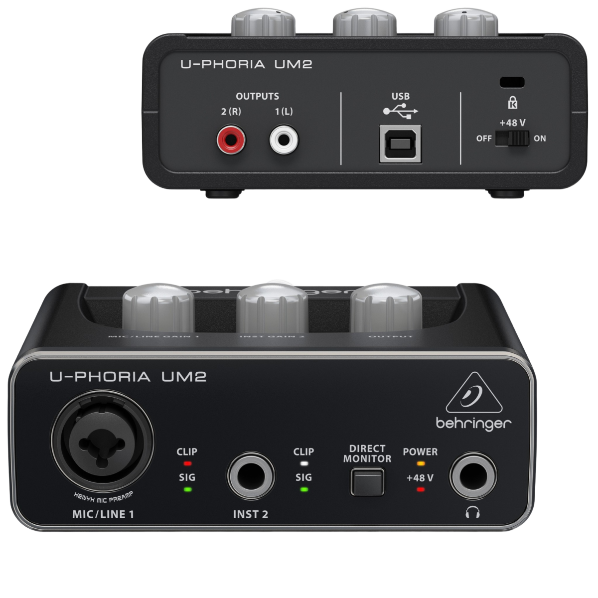 Front and rear views of a black Behringer U-Phoria UM2 USB audio interface on a black background, with a secondary shot highlighting the rear RCA outputs and USB port.