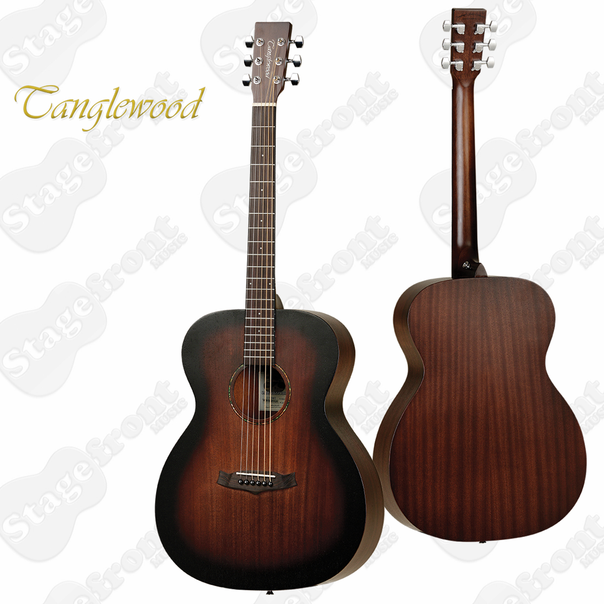 A left-handed Tanglewood TC3-LH orchestra acoustic guitar featuring a satin mahogany body with a dark brown sunburst finish, a dark fretboard with dot inlays, and chrome tuning machines, shown from the front and back.
