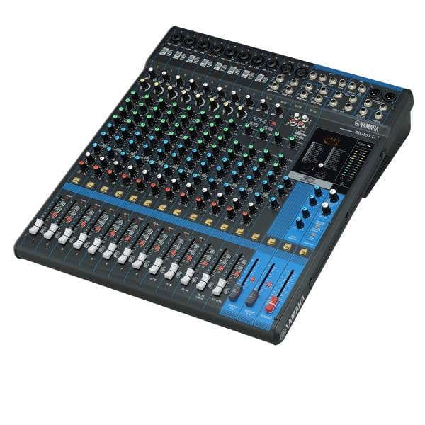 Black Yamaha MG16XU 16-channel mixing desk showing an expansive grid of input jacks, multi-coloured rotary EQ knobs, and sixteen white volume faders.