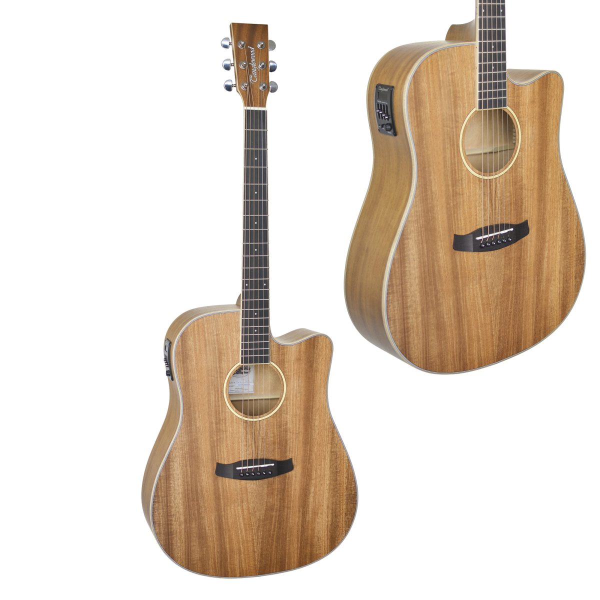 A Tanglewood TUN5-CE Union acoustic-electric guitar showing a natural wood top, cutaway shape, side preamp, and highly figured wood grain on the back.