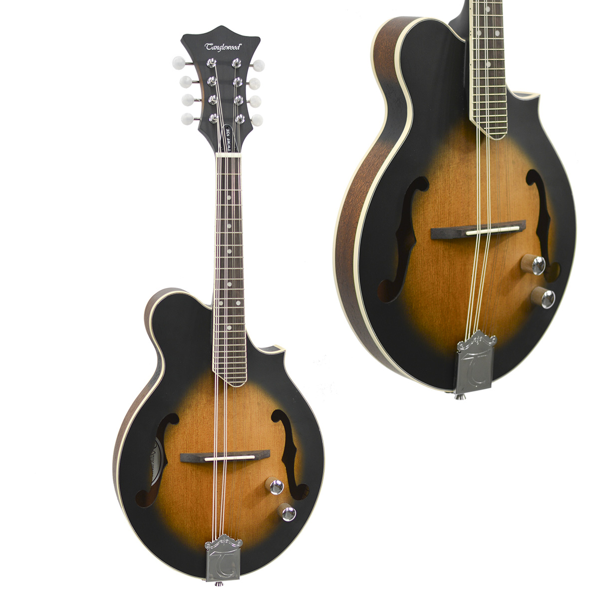 A Tanglewood TWMFVSE F-style mandolin with a vintage sunburst finish, F-holes, ornate scroll body, and two metal control knobs on the soundboard.