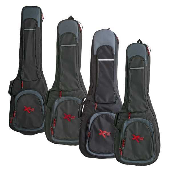 Four black guitar and bass gig bags standing upright in a row. Each bag features light grey front pocket panels, red zippers, reflective safety strips, and the red Xtreme Bags logo.