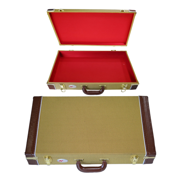 Two rectangular pedal road cases featuring a vintage tweed exterior, brown trim, and gold latches on a white background. The bottom case is closed. Above it, an identical case is displayed open with its lid fully detached, showcasing a solid red interior lining.