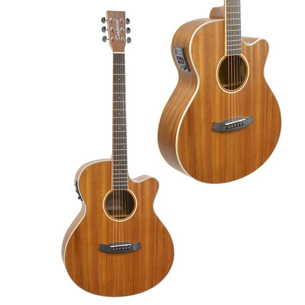 A Tanglewood TUN4-CE Union acoustic-electric guitar with a warm mahogany-colored body, cutaway design, and side-mounted electronic preamp panel.