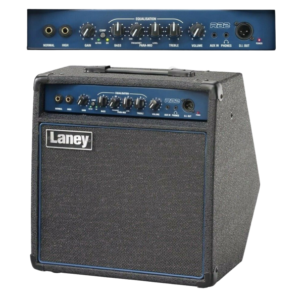 The Laney RB2 bass amplifier enclosed in a robust cabinet with a blue front trim, accompanied by an inset showing a close-up of the front EQ control panel.