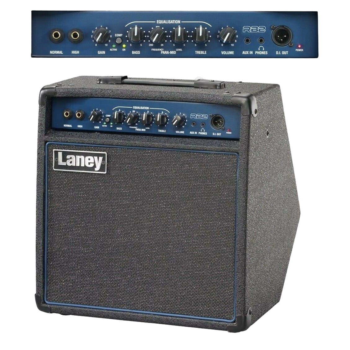 The Laney RB2 bass amplifier enclosed in a robust cabinet with a blue front trim, accompanied by an inset showing a close-up of the front EQ control panel.