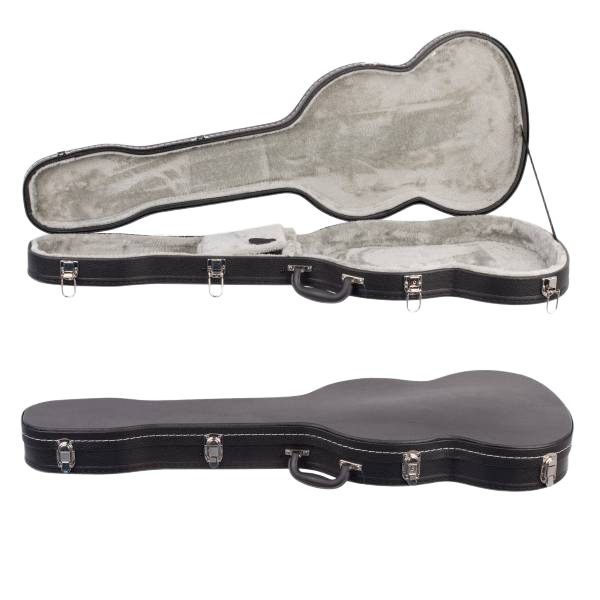 Shaped black electric guitar hard case shown open and closed, featuring silver latches, white stitching, and a grey plush interior.