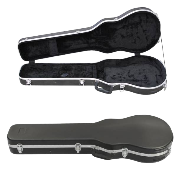 Two views of the V-Case VCS1007 Les Paul shaped hard case with watermarks: a closed black exterior case below, and an open case inset above showing a black plush interior and a small blue guitar pick in the accessory compartment.