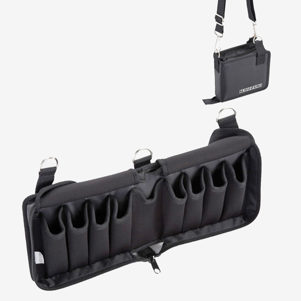 A black Suzuki 10HC-8 harmonica soft case shown both zipped closed with an attached shoulder strap and fully opened to reveal eight empty internal storage sleeves.