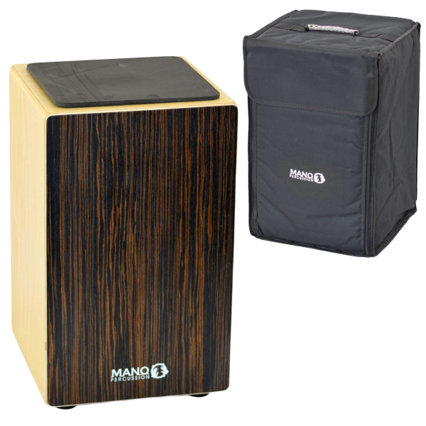 A Mano Percussion MP985E wooden cajon displaying a dark ebony veneer front and a black seating pad on top, placed next to a black Mano Percussion soft carry bag.