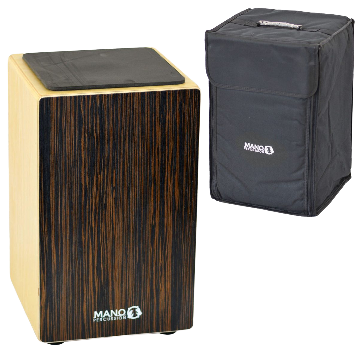 A Mano Percussion MP985E wooden cajon displaying a dark ebony veneer front and a black seating pad on top, placed next to a black Mano Percussion soft carry bag.