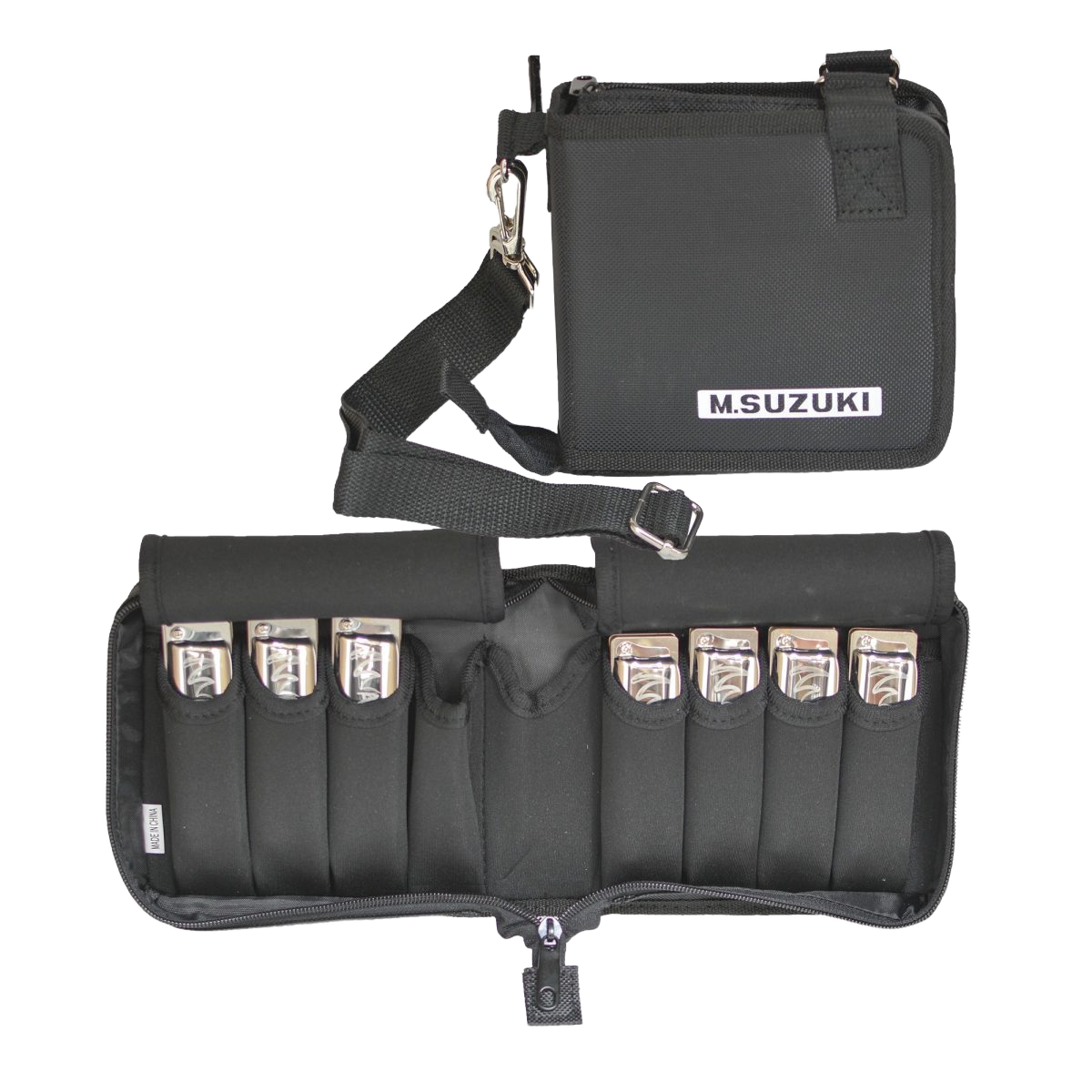 Seven silver harmonicas secured in individual elastic pockets inside a black zippered soft case, which features an adjustable black shoulder strap.