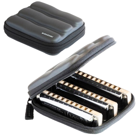 Three Suzuki Manji harmonicas nested inside a partially open black zippered padded case.