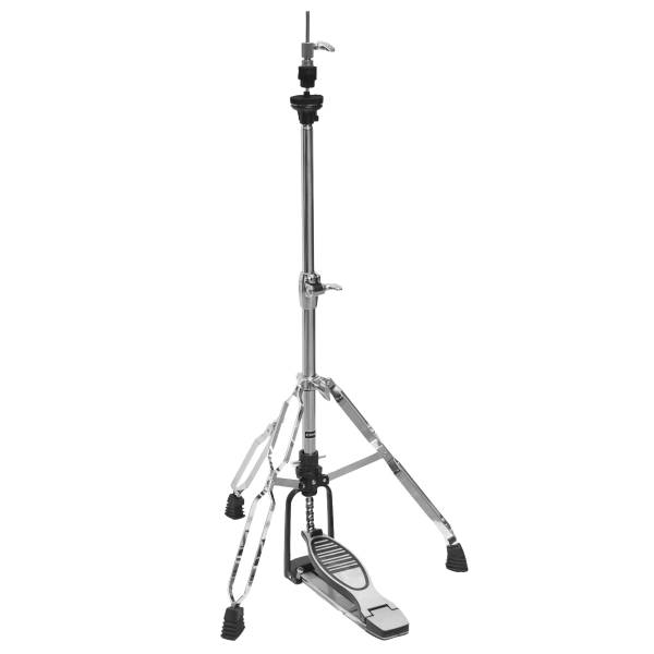 Chrome DXPHH5 hi-hat stand showing a double-braced tripod base, chain drive connection, adjustable pole, and a branded metal footboard.