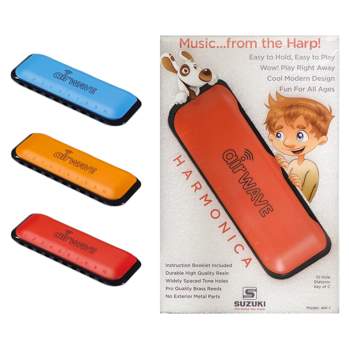 Three Suzuki Airwave AW-1 harmonicas in blue, orange, and red, placed next to the product's retail packaging which features cartoon illustrations of a boy and a dog.