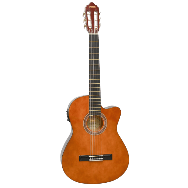 Valencia Series 100 VC104TCE full-size thin body electric-acoustic classical guitar with a cutaway, natural amber finish, and built-in preamp on a white background.