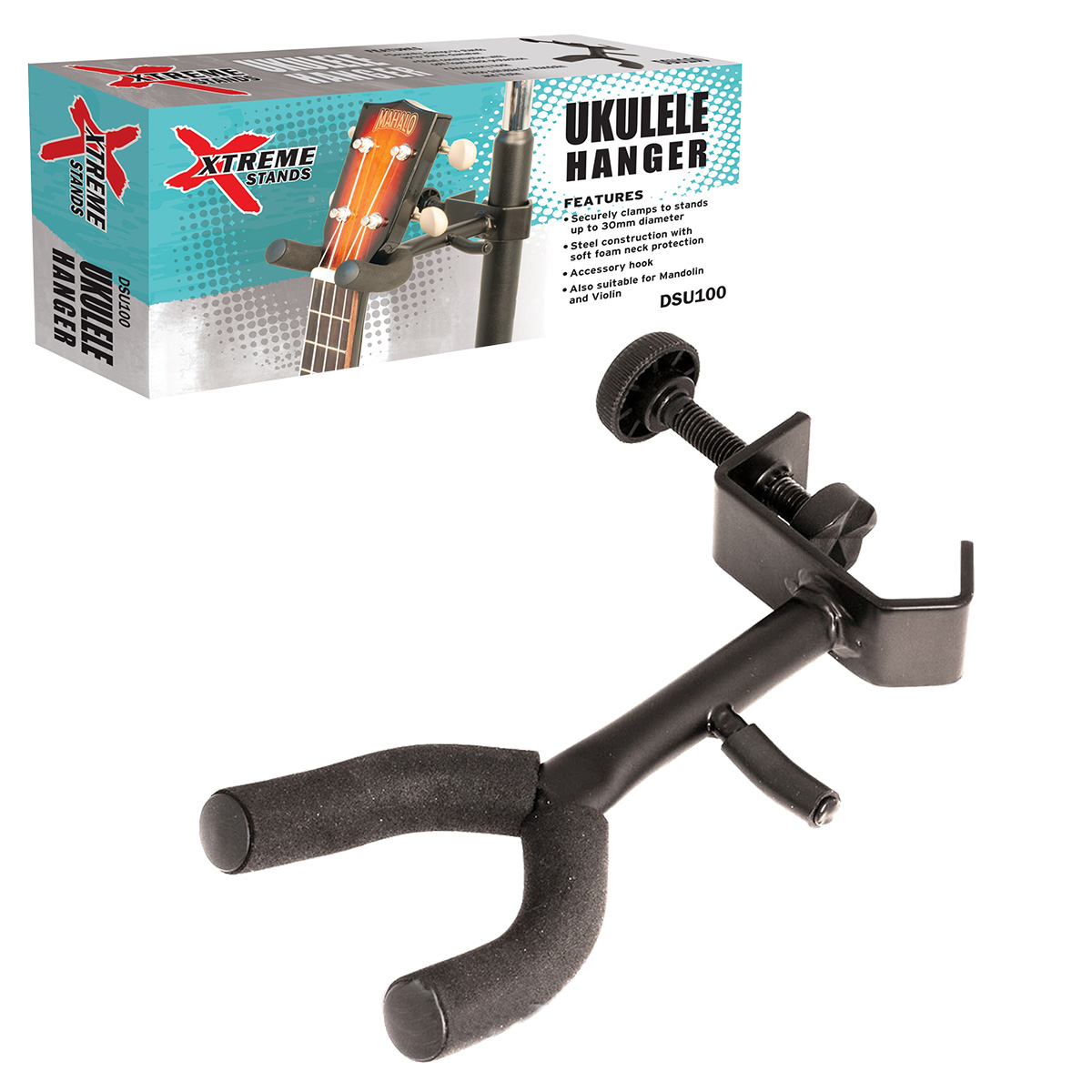 A black metal Xtreme Stands DSU100 hanger with a foam-padded U-shaped yoke and a clamp mechanism, pictured directly next to its blue and white retail box.