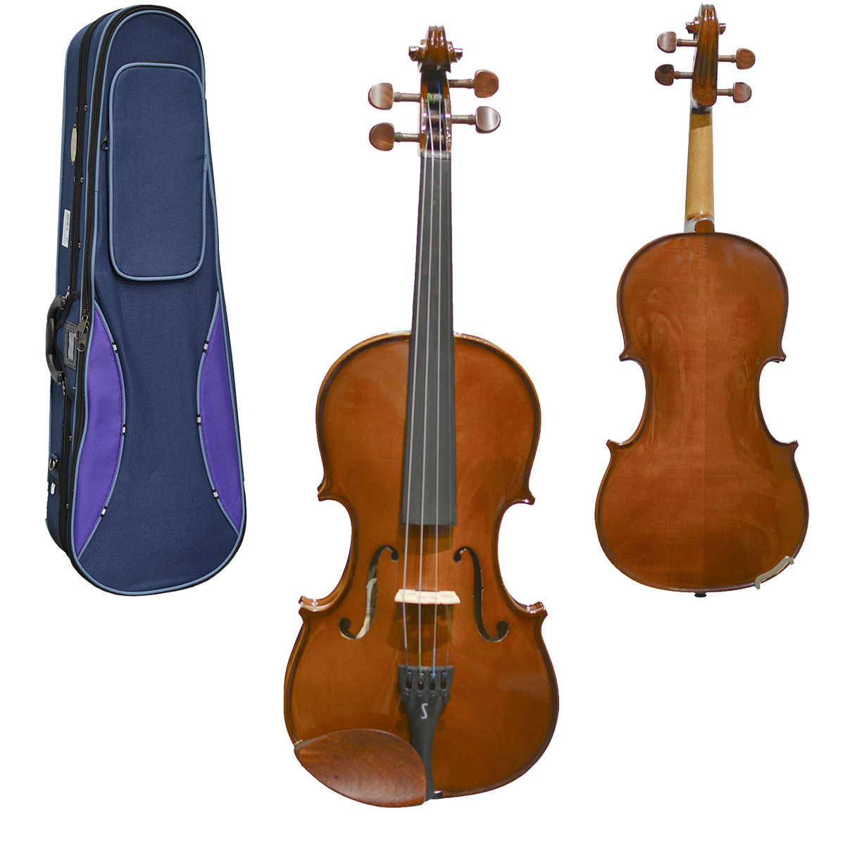 Three angles showing the front, back, and scroll of a Stentor Student 1 violin, displayed next to a shaped instrument case with a two-tone blue and purple fabric exterior.