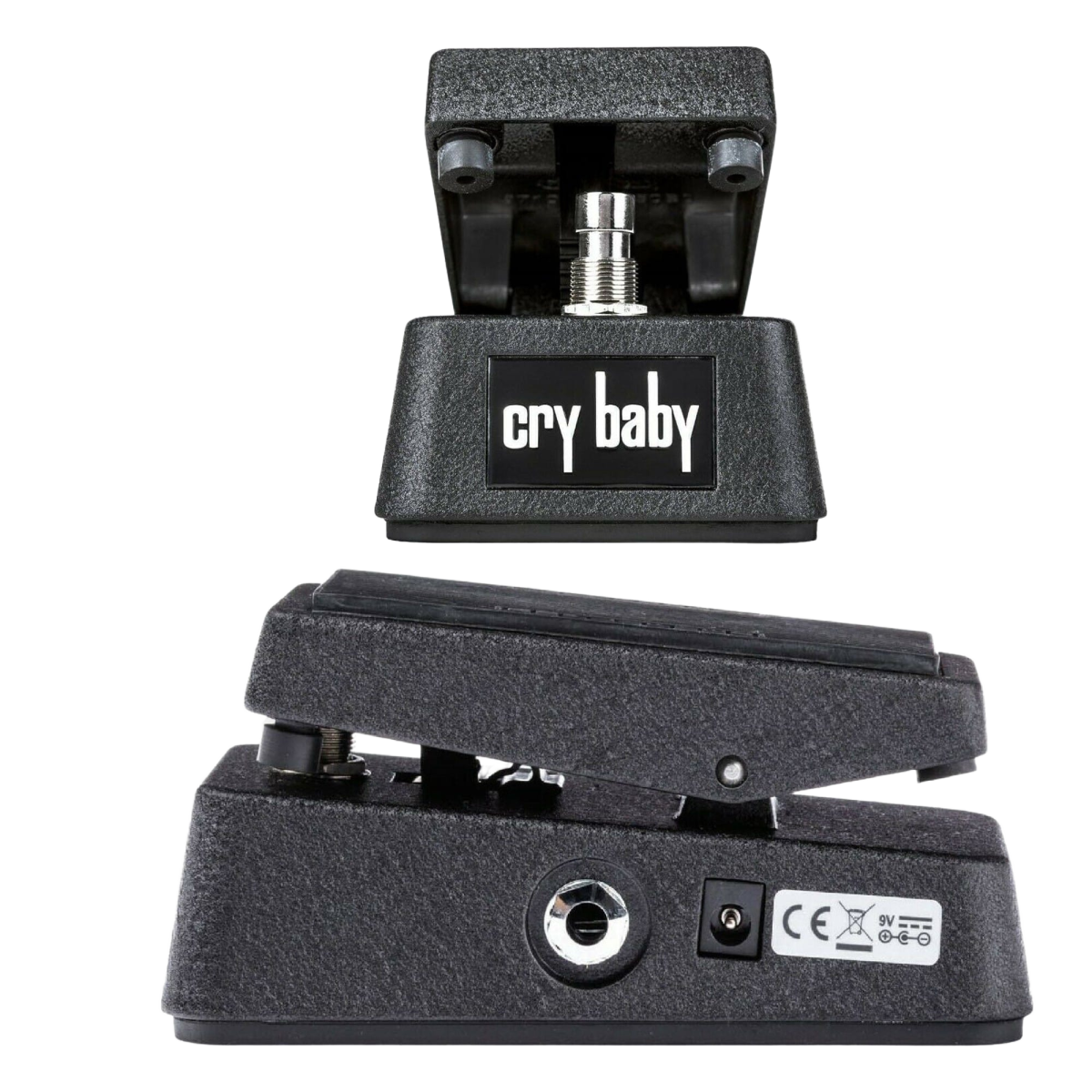 Two views of the black Jim Dunlop Cry Baby CBM95 Mini Wah pedal. The upper inset highlights the heel and switch, while the lower shows the side profile featuring a power jack and warning sticker.