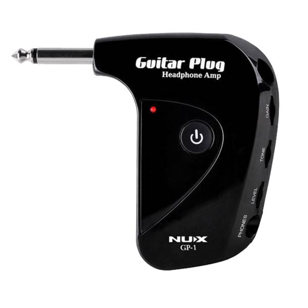 NUX GP-1 black plug-in guitar headphone amplifier with a silver quarter-inch input jack, red LED power indicator, circular power button, and rotary dials for gain, tone, and level.