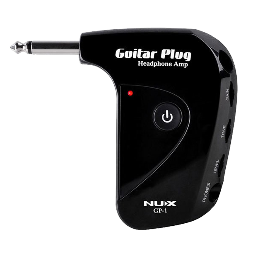 NUX GP-1 black plug-in guitar headphone amplifier with a silver quarter-inch input jack, red LED power indicator, circular power button, and rotary dials for gain, tone, and level.