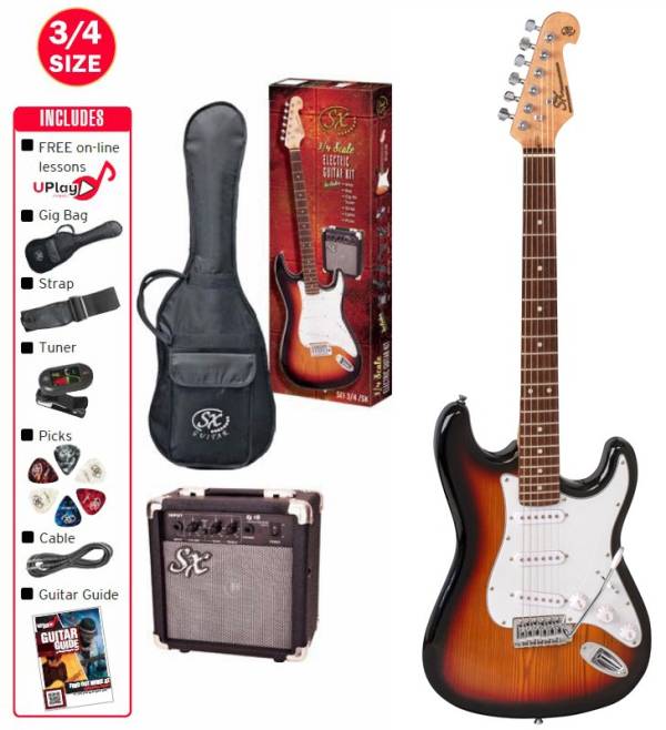SX ELECTRIC 3/4 SUNBURST GUITAR WITH ACCESSORY PACKAGE AND AMP