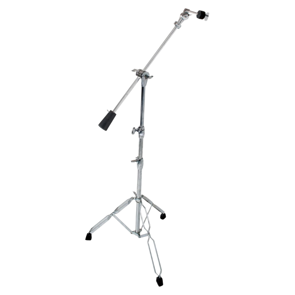 Chrome metal cymbal boom stand with a double-braced tripod base and black rubber feet, extending to a boom arm fitted with a black counterweight on one end and a tilter with black felts on the other.