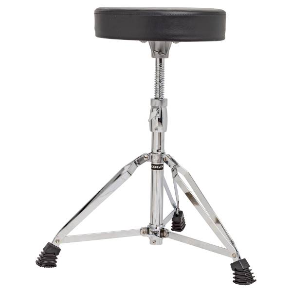 A drum stool with a round black padded seat, a threaded chrome height adjustment spindle, and a double-braced chrome tripod base with black rubber feet.