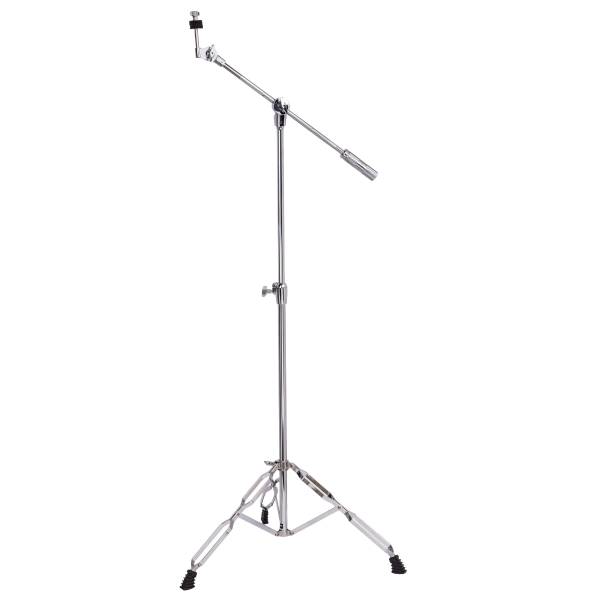 Chrome metal cymbal boom stand with a tripod base featuring double-braced legs and black rubber feet, extending upwards to a boom arm equipped with an adjustable tilter and black felts.