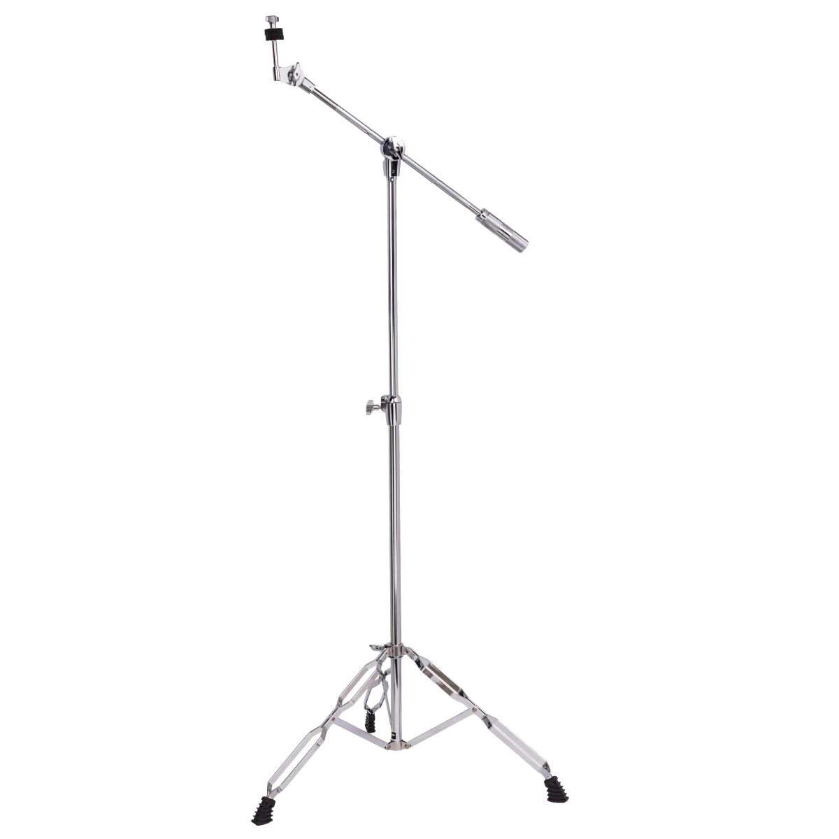 Chrome metal cymbal boom stand with a tripod base featuring double-braced legs and black rubber feet, extending upwards to a boom arm equipped with an adjustable tilter and black felts.