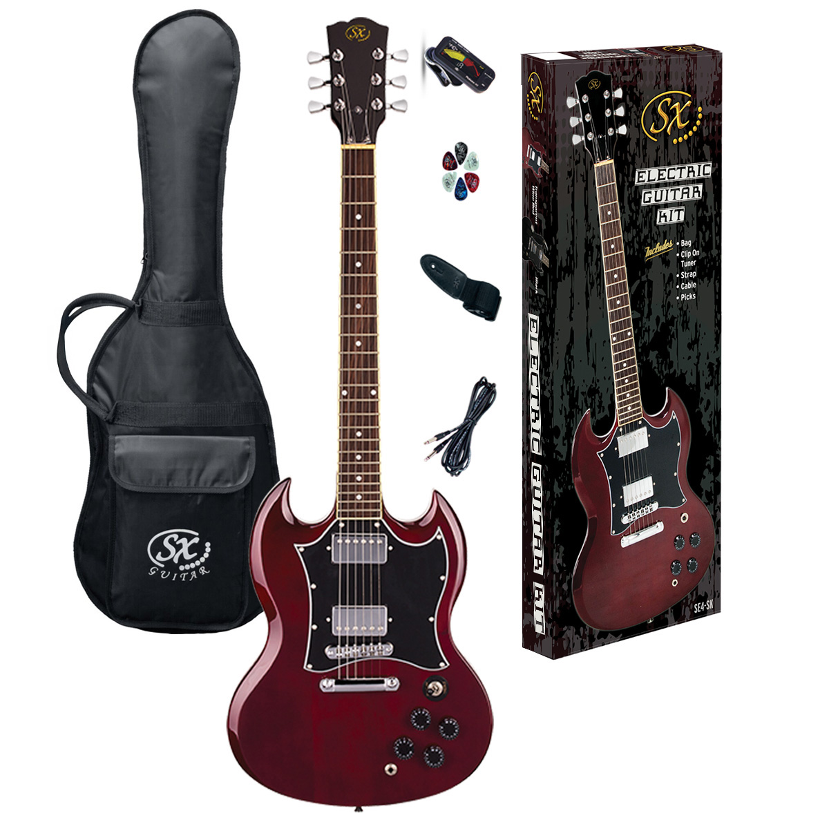 SX SE4 Wine Red double-cutaway electric guitar kit displayed with its retail packaging box, amplifier, gig bag, tuner, and strap.