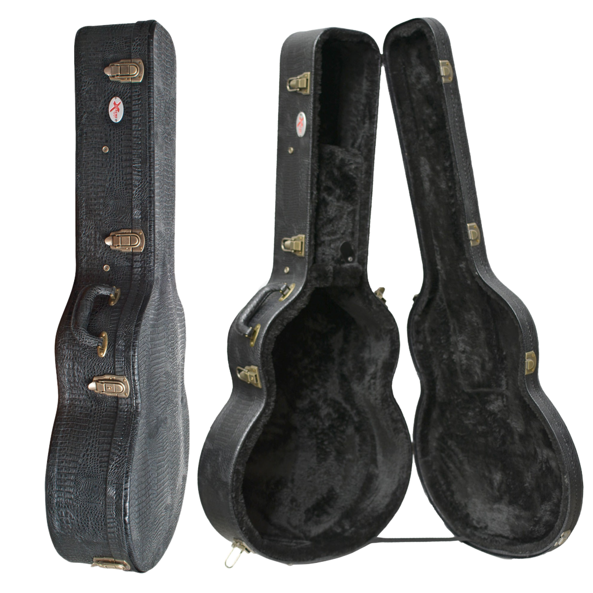 Black crocodile vinyl acoustic guitar case shown both closed and open with a plush black interior.