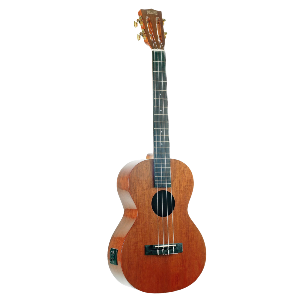 A gloss brown Mahalo baritone ukulele featuring an integrated side-mounted preamp control panel.