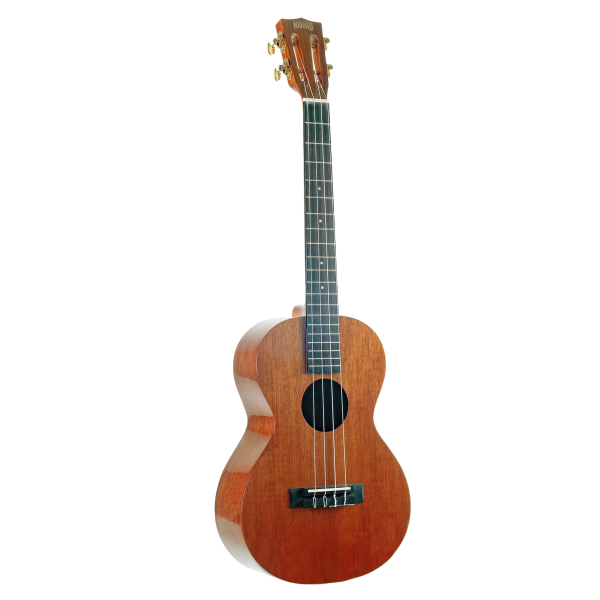 A gloss brown Mahalo baritone ukulele showing the front body, dark soundhole, fretboard, strings, and headstock.