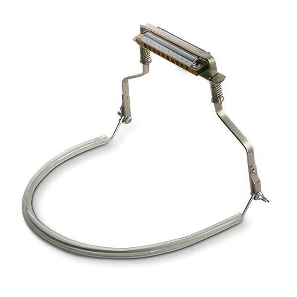 Silver metal Hohner harmonica neck holder featuring dual tension springs, a clear plastic-coated neck brace, and an attached diatonic harmonica.
