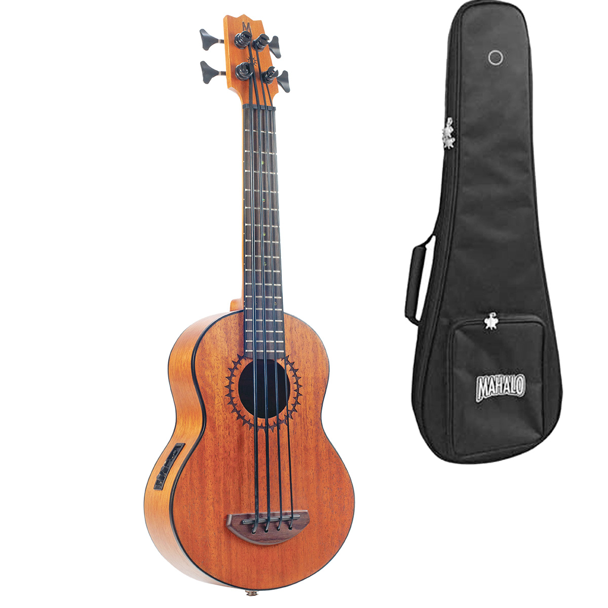 Mahalo MB1 bass ukulele in natural wood finish showing a dark sun rosette, four thick strings, and an onboard electronic control panel on the side, positioned next to a black Mahalo-branded padded gig bag.