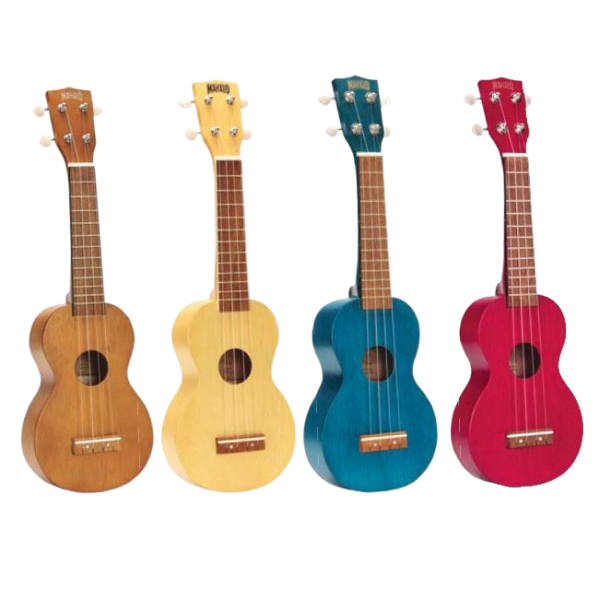 Four Mahalo Kahiko soprano ukuleles standing side-by-side in brown, natural, blue, and red finishes.