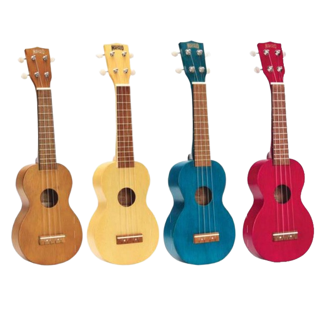 Four Mahalo Kahiko soprano ukuleles standing side-by-side in brown, natural, blue, and red finishes.